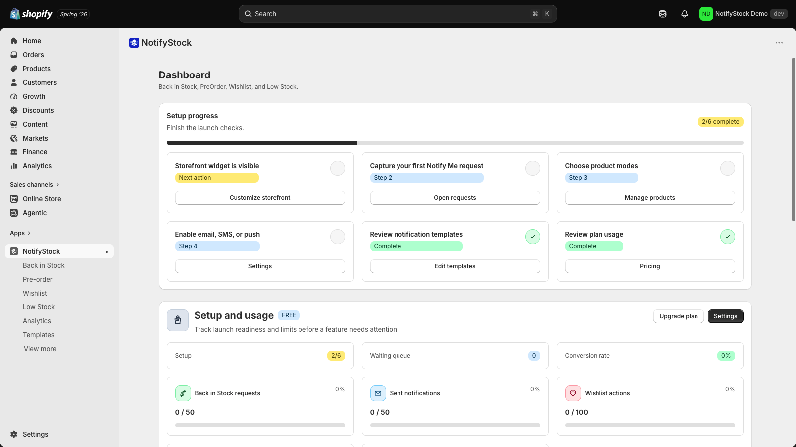NotifyStock Shopify admin dashboard showing demand recovery setup and feature status.