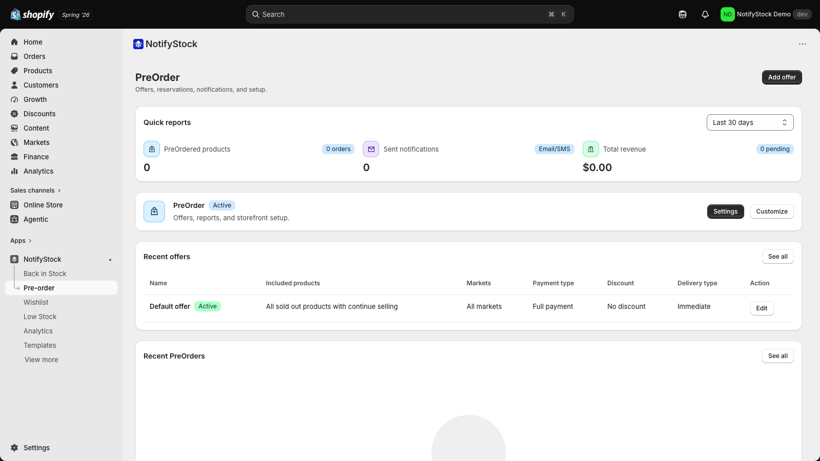 NotifyStock preorder admin page showing offer setup and preorder reporting.