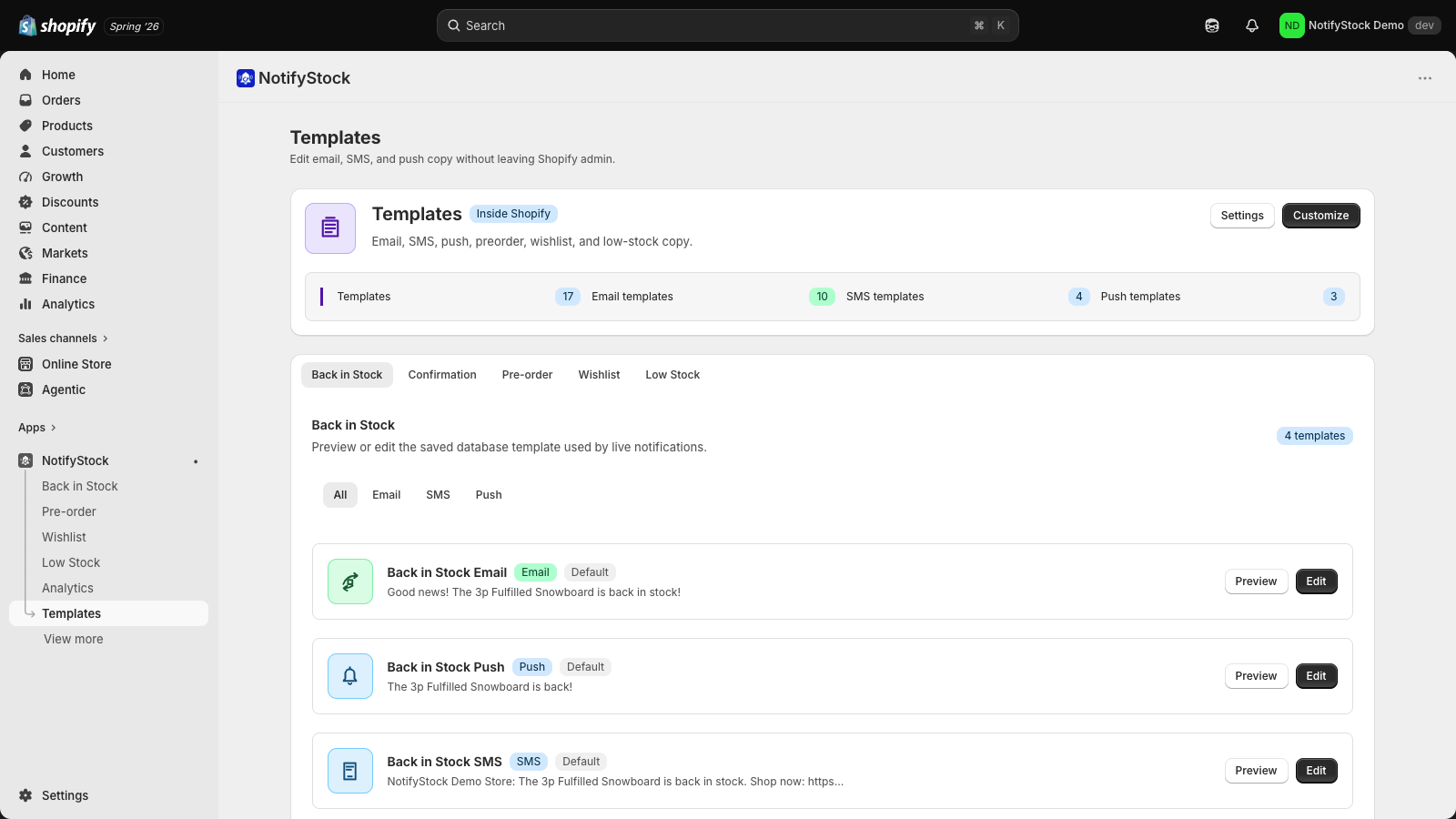 NotifyStock templates page for customer message setup and preview.