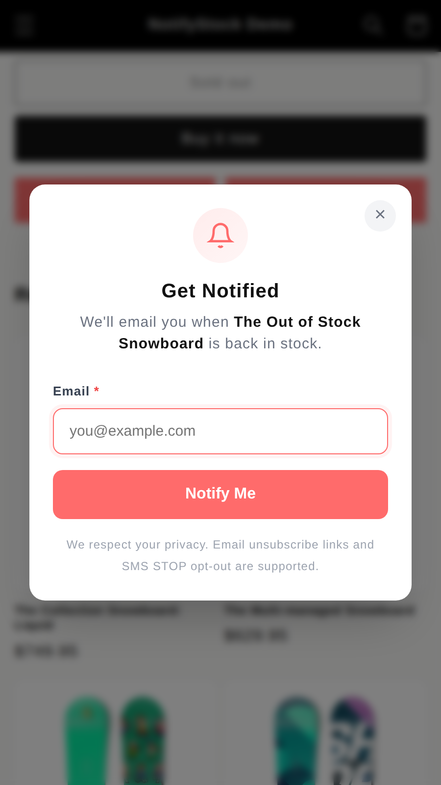 NotifyStock mobile storefront restock signup form with email, phone, and push options.