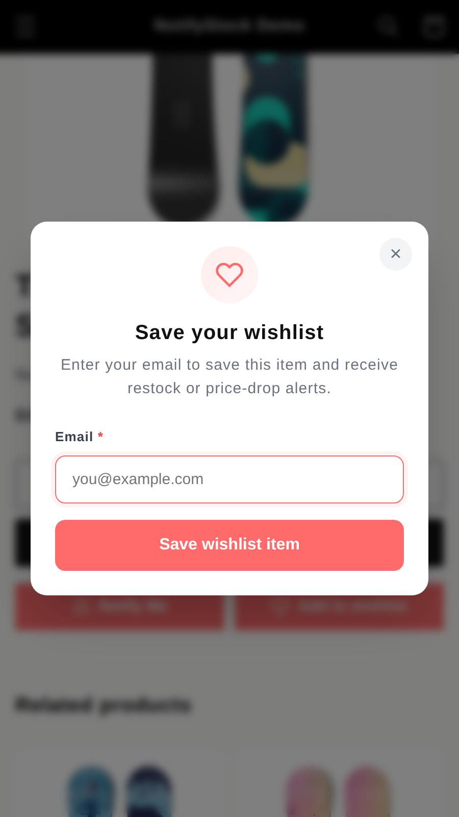 NotifyStock mobile storefront wishlist action on a product page.