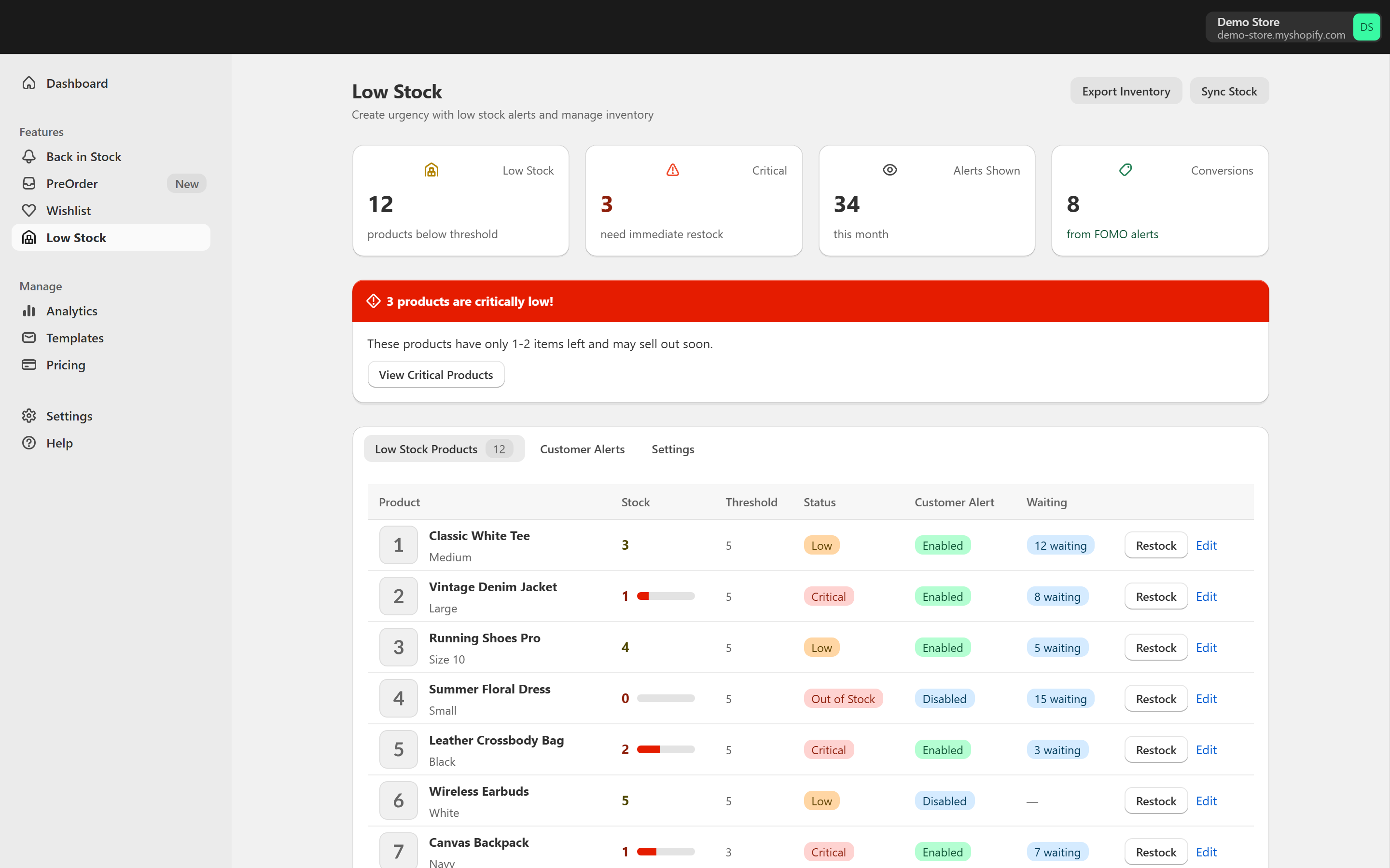 NotifyStock low stock admin page with threshold and message controls.