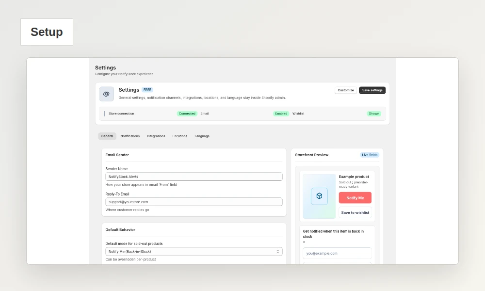 NotifyStock setup and settings