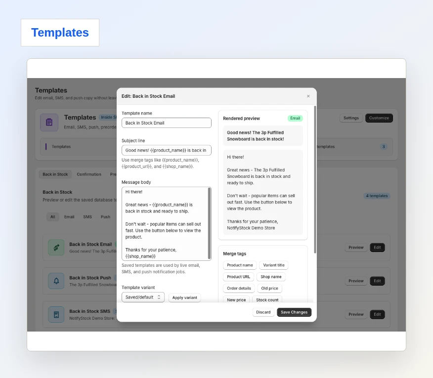 Notification template editor