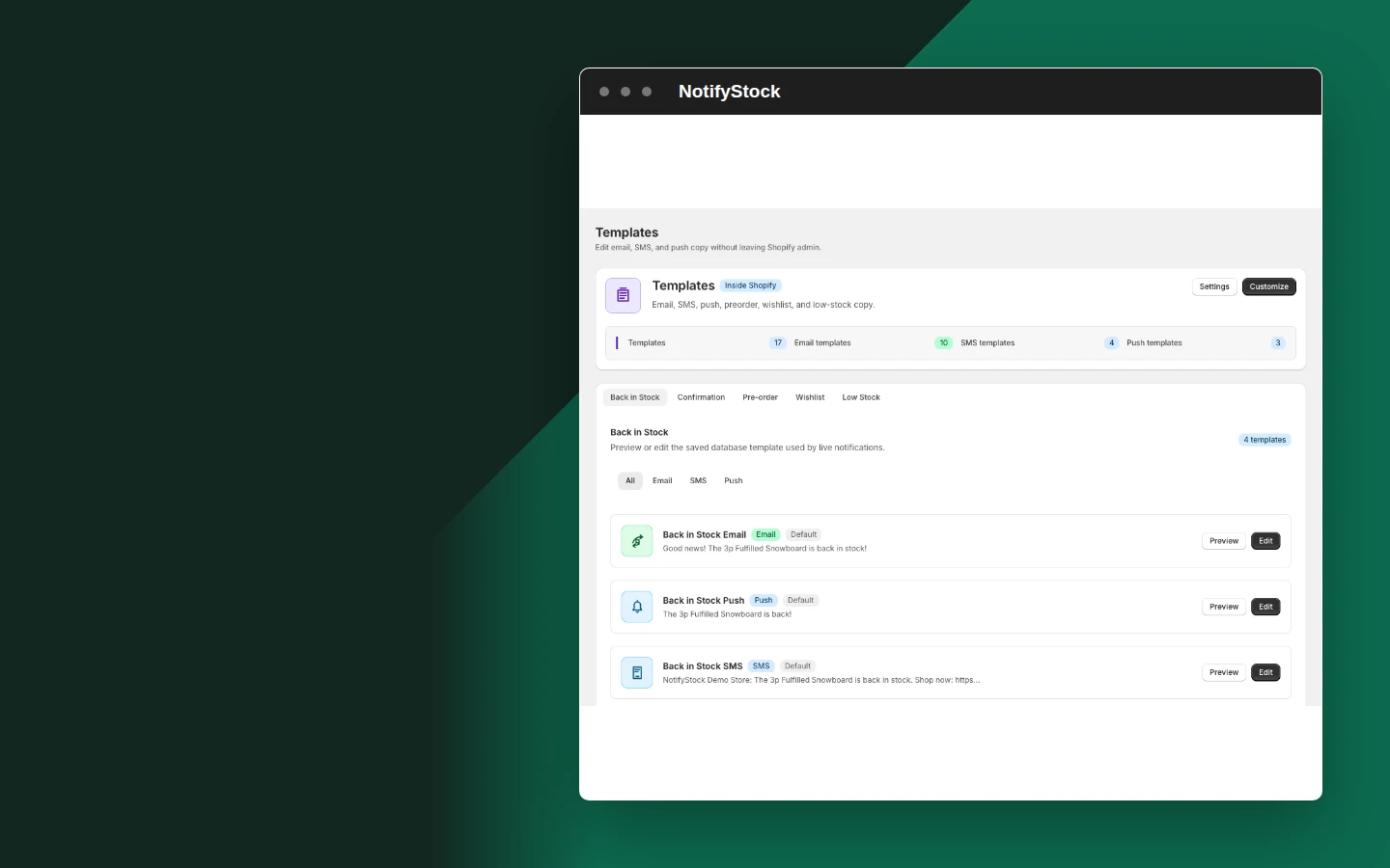 Restock message in NotifyStock