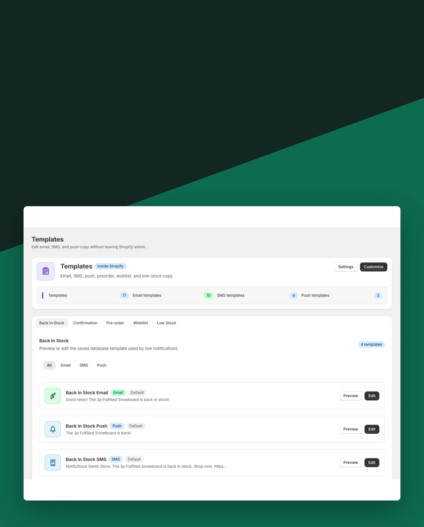 Restock message mobile view