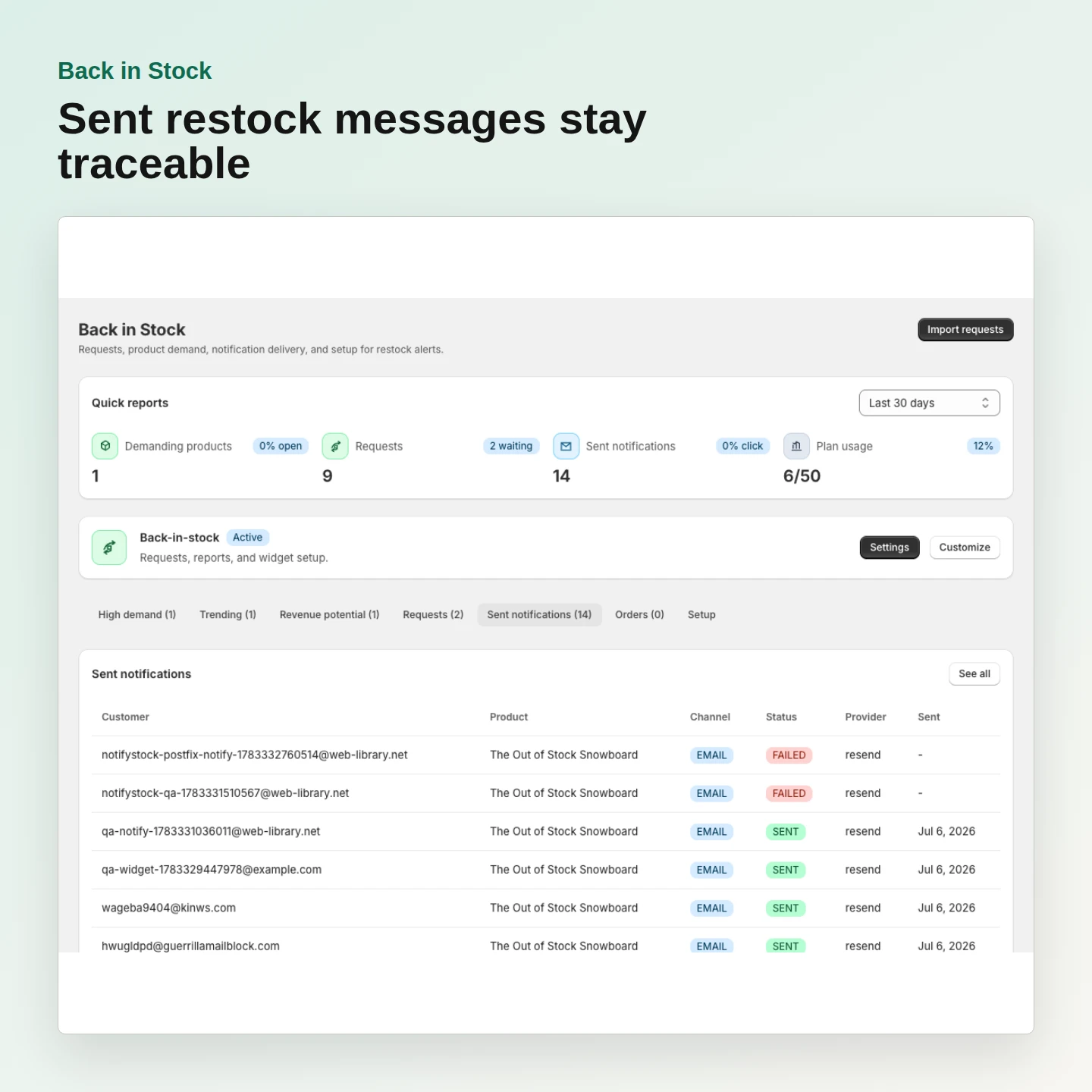 Back in Stock: Track sent notifications