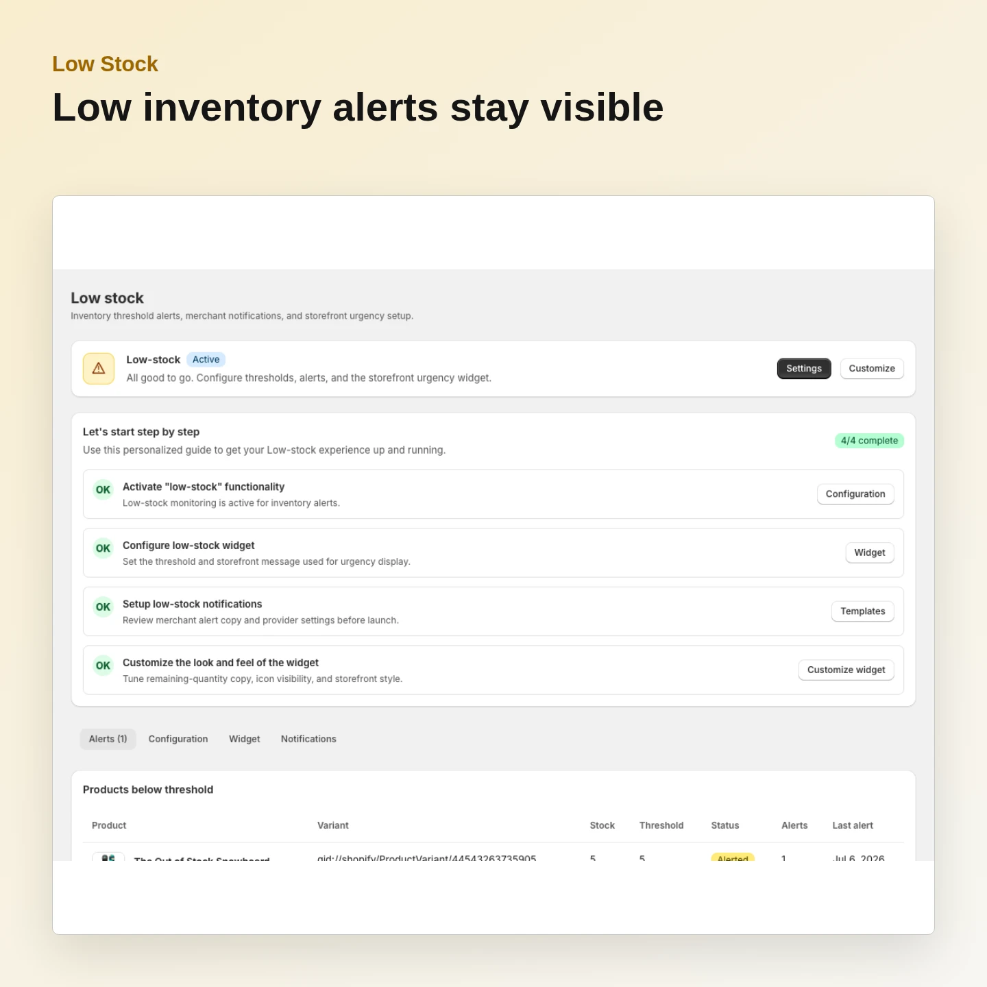 Low Stock: Review low-inventory activity