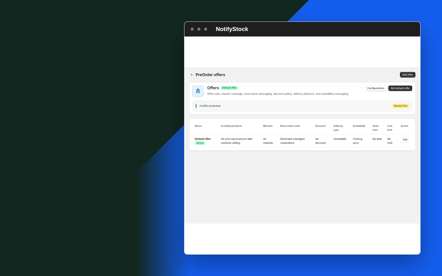 Configure preorder offers in NotifyStock