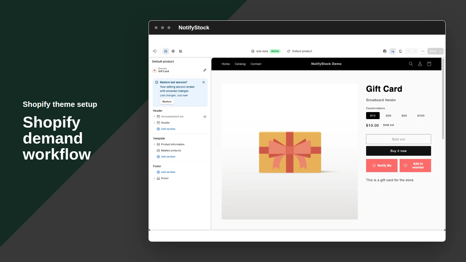 Shopify theme setup workflow in NotifyStock