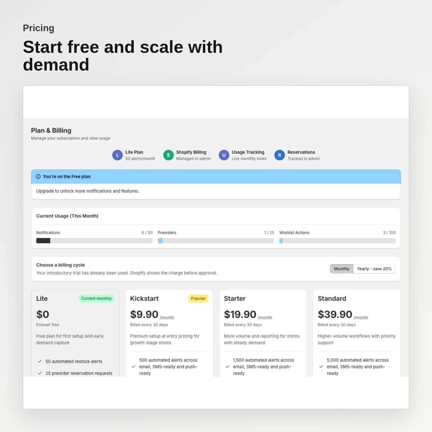 NotifyStock monthly pricing plans in Shopify admin
