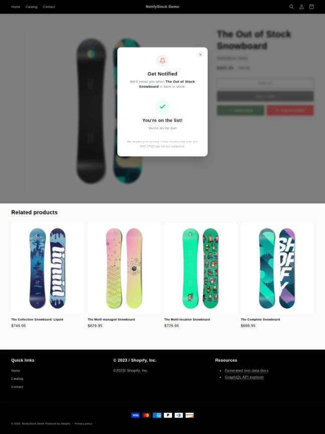 Back in Stock request confirmed on a Shopify storefront