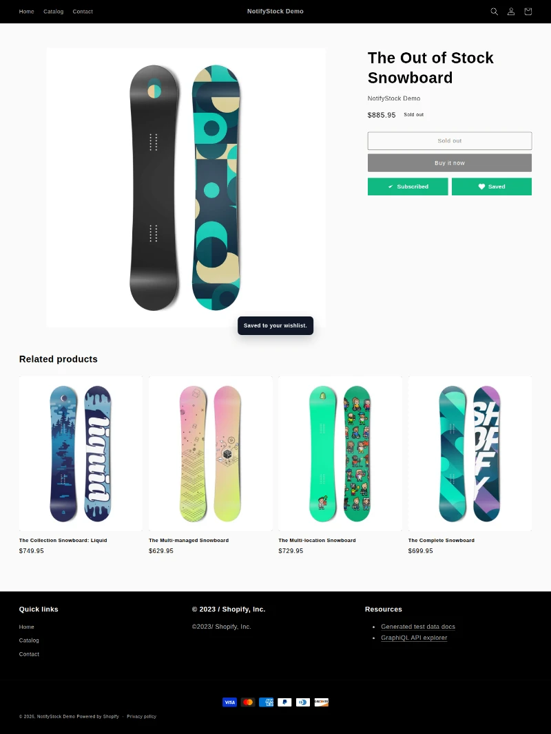 Wishlist save confirmed on a Shopify storefront
