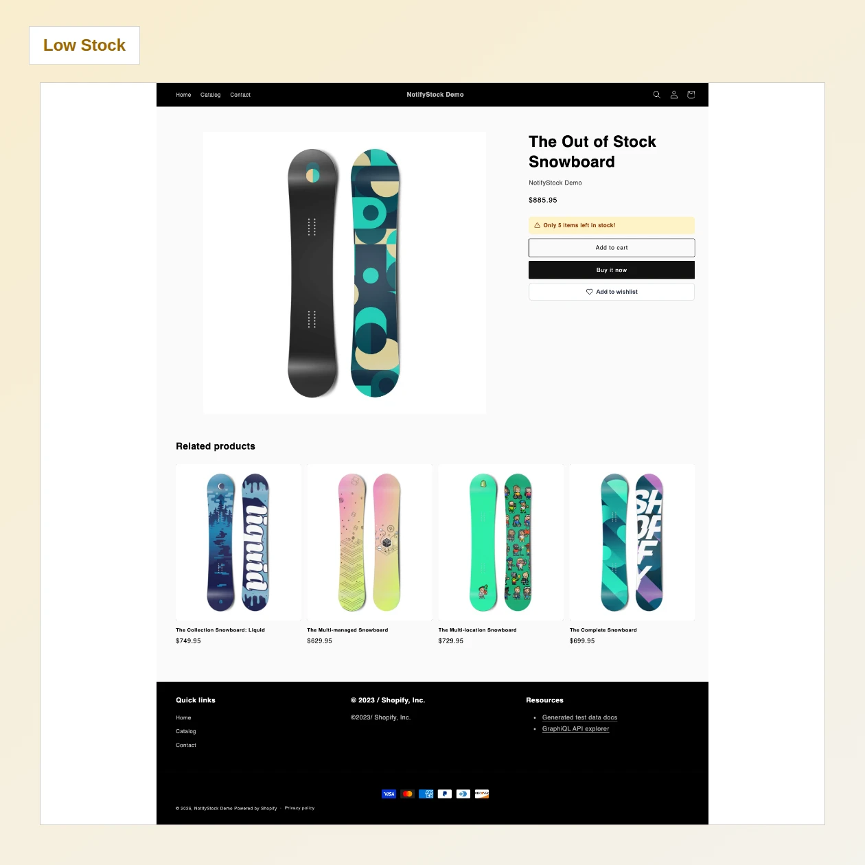 Low Stock urgency and Wishlist controls on the demo storefront